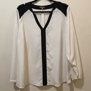 Vince Camuto white and black blouse with gold button details and epaulettes